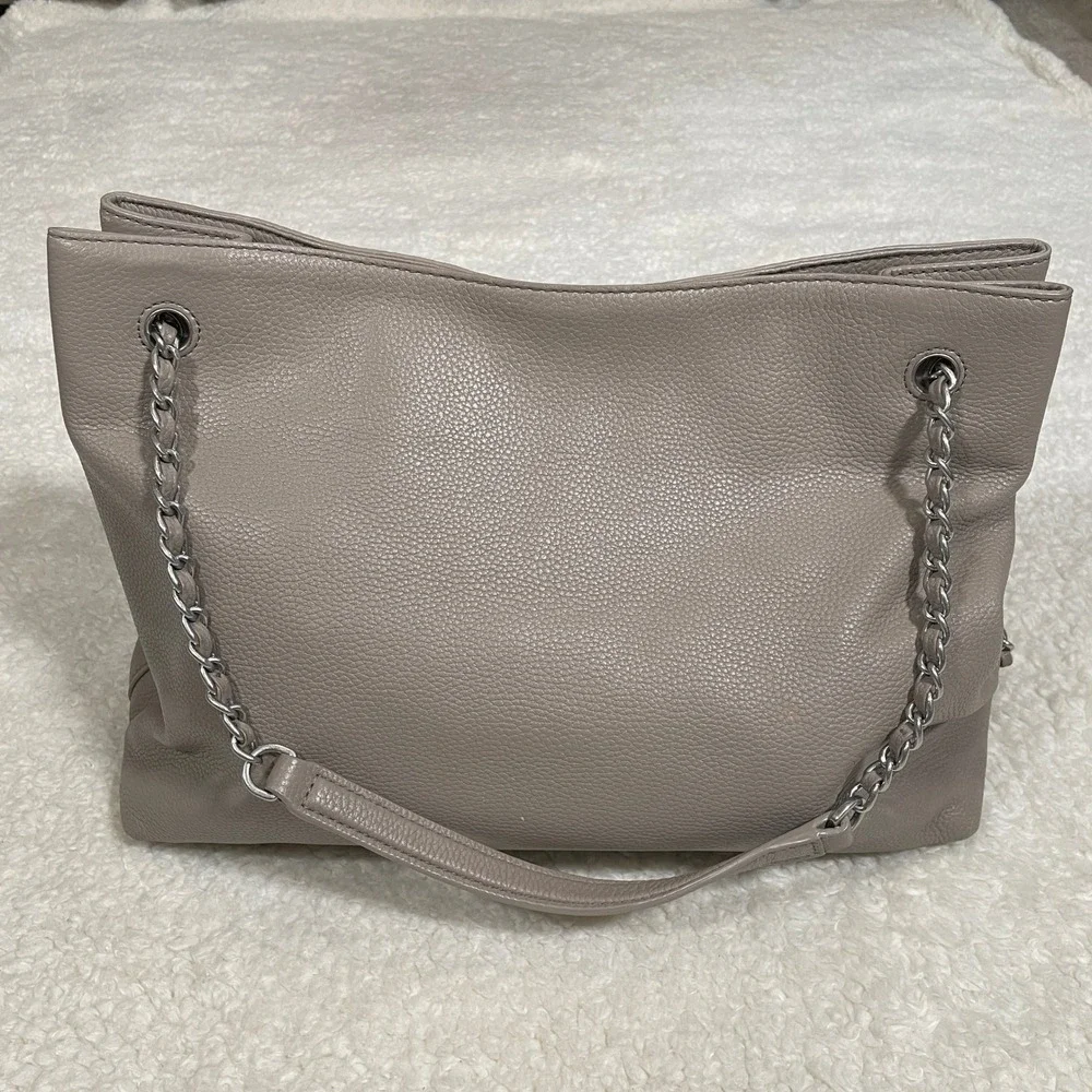 Tory Burch Britten Triple Compartment Tote Bag French Gray Pebbled Leather Chain